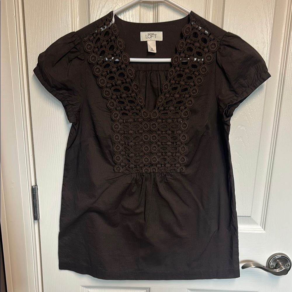 LOFT Women's Brown Top with Crochet Detail